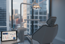 A modern, clean dental clinic interior featuring a sleek dental chair, a tablet displaying abstract data patterns, and a blurred contemporary Australian cityscape visible through a window, symbolizing dental care costs and financial planning.