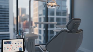 A modern, clean dental clinic interior featuring a sleek dental chair, a tablet displaying abstract data patterns, and a blurred contemporary Australian cityscape visible through a window, symbolizing dental care costs and financial planning.