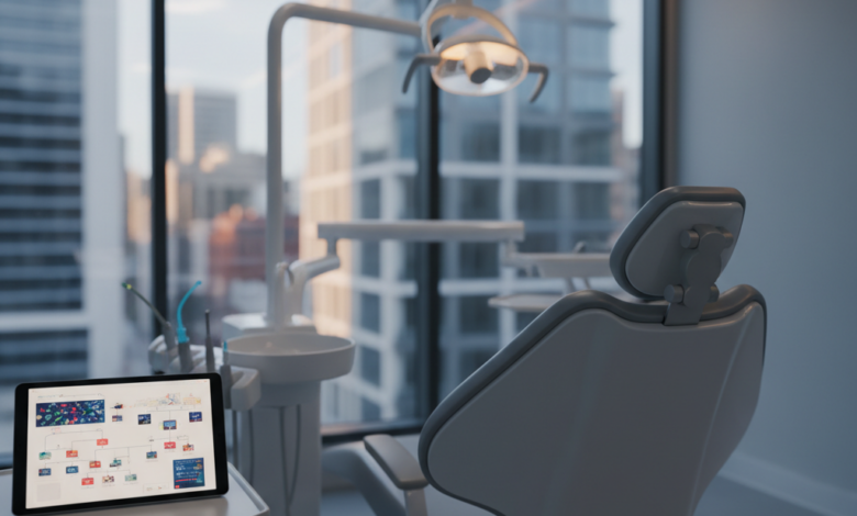 A modern, clean dental clinic interior featuring a sleek dental chair, a tablet displaying abstract data patterns, and a blurred contemporary Australian cityscape visible through a window, symbolizing dental care costs and financial planning.