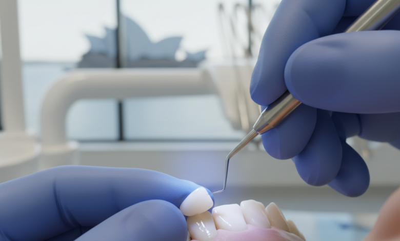 Close-up of a dental professional performing composite bonding on a patient's front tooth. Gloved hands are precisely shaping a tooth-colored resin material, with a subtle blue curing light visible. The background is a softly blurred, modern dental clinic, featuring a very faint and indistinct Australian city landmark through a window.