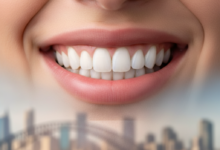 Close-up of a radiant, natural-looking smile with perfectly white and aligned teeth, achieved through cosmetic dental bonding. The background is a very blurred, sunlit Australian city skyline, indicating the location and a bright future.