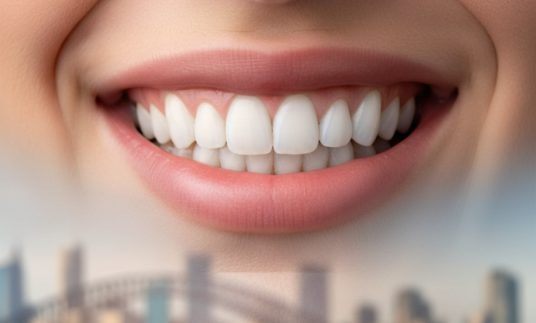 Close-up of a radiant, natural-looking smile with perfectly white and aligned teeth, achieved through cosmetic dental bonding. The background is a very blurred, sunlit Australian city skyline, indicating the location and a bright future.