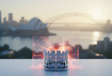 A detailed 3D model of a dental bridge on a clean desk, with a blurred Australian cityscape (Sydney Opera House and Harbour Bridge) in the background. A subtle, translucent red barrier conceptually surrounds the dental bridge, symbolizing a conflict or rejection.