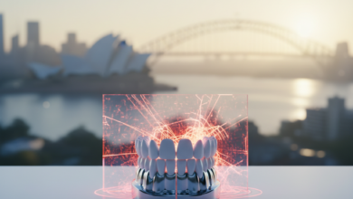 A detailed 3D model of a dental bridge on a clean desk, with a blurred Australian cityscape (Sydney Opera House and Harbour Bridge) in the background. A subtle, translucent red barrier conceptually surrounds the dental bridge, symbolizing a conflict or rejection.