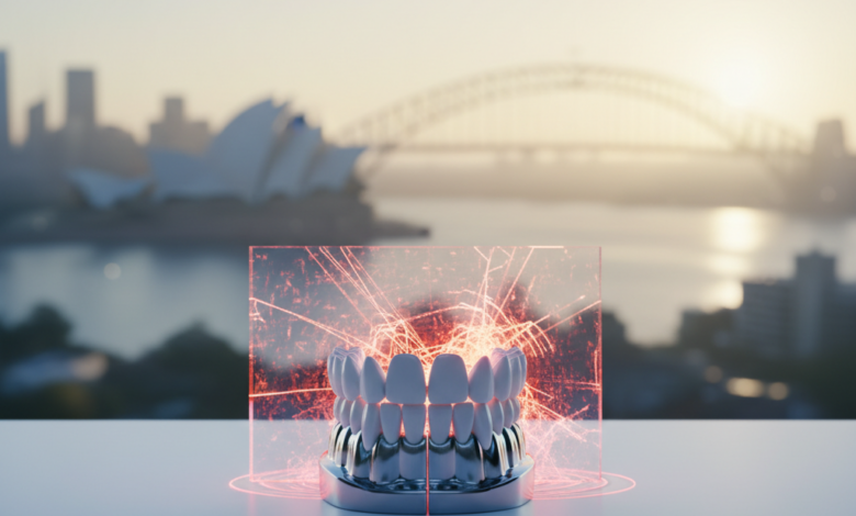 A detailed 3D model of a dental bridge on a clean desk, with a blurred Australian cityscape (Sydney Opera House and Harbour Bridge) in the background. A subtle, translucent red barrier conceptually surrounds the dental bridge, symbolizing a conflict or rejection.