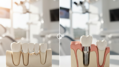 A photorealistic image showcasing a dental bridge on one side, with three crowns, two on natural teeth models, and a dental implant on the other, featuring a titanium post in a jawbone model, an abutment, and a crown. The background is a blurred, bright, modern dental clinic. No text visible.