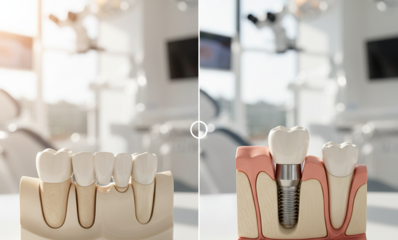 A photorealistic image showcasing a dental bridge on one side, with three crowns, two on natural teeth models, and a dental implant on the other, featuring a titanium post in a jawbone model, an abutment, and a crown. The background is a blurred, bright, modern dental clinic. No text visible.
