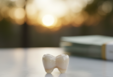 Close-up, photorealistic image of a perfect, natural-looking porcelain dental crown resting on a clean surface. The background is a soft, out-of-focus blur featuring abstract warm gold and earthy tones, with faint, unidentifiable blurs that could suggest currency or financial documents. No text is visible.
