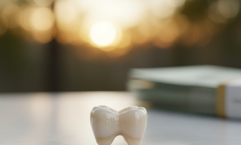 Close-up, photorealistic image of a perfect, natural-looking porcelain dental crown resting on a clean surface. The background is a soft, out-of-focus blur featuring abstract warm gold and earthy tones, with faint, unidentifiable blurs that could suggest currency or financial documents. No text is visible.