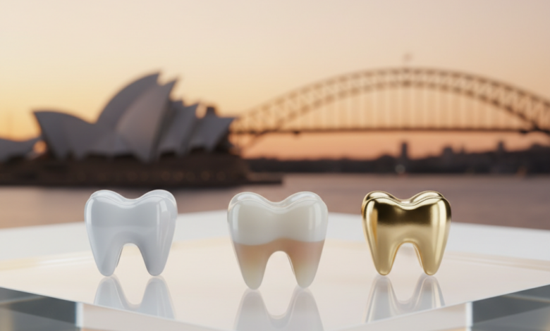 Close-up, ultra-detailed view of three distinct dental crowns made from different materials: a bright white all-ceramic crown, a slightly translucent zirconia crown, and a golden metallic alloy crown, all arranged on a reflective white surface. The background is a very soft, out-of-focus image of the Sydney Opera House or another iconic Australian landmark under a warm light. No text is visible.