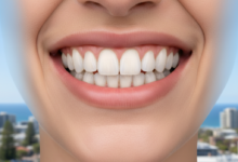 Close-up of a person's healthy, radiant smile with perfectly contoured gums, showcasing aesthetically pleasing teeth. In the extremely blurred background, a distant Australian cityscape is subtly visible, providing geographical context.