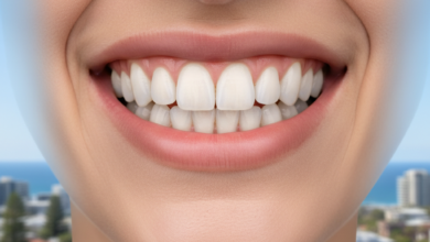 Close-up of a person's healthy, radiant smile with perfectly contoured gums, showcasing aesthetically pleasing teeth. In the extremely blurred background, a distant Australian cityscape is subtly visible, providing geographical context.