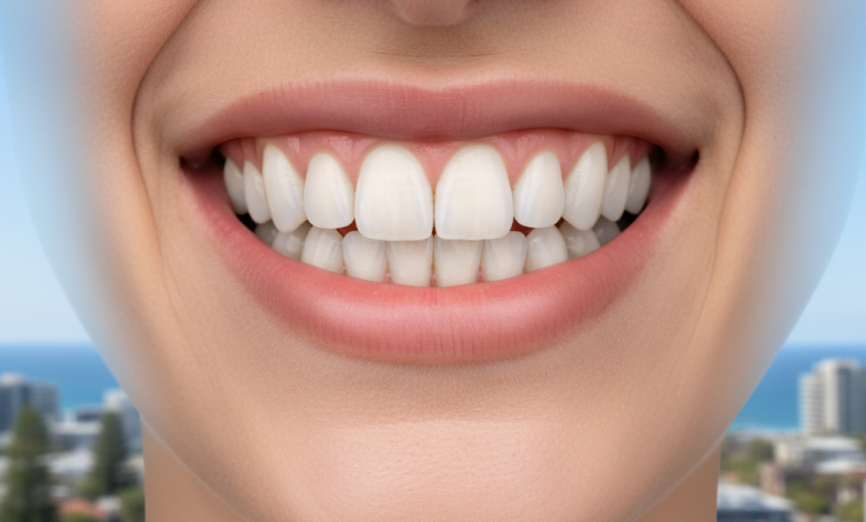 Close-up of a person's healthy, radiant smile with perfectly contoured gums, showcasing aesthetically pleasing teeth. In the extremely blurred background, a distant Australian cityscape is subtly visible, providing geographical context.