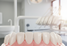 A photorealistic close-up of a vibrant, healthy gum line and clean teeth, indicating successful dental treatment. The background is a soft, out-of-focus view of a modern, bright dental clinic, subtly suggesting a professional Australian healthcare environment.