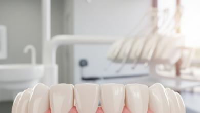 A photorealistic close-up of a vibrant, healthy gum line and clean teeth, indicating successful dental treatment. The background is a soft, out-of-focus view of a modern, bright dental clinic, subtly suggesting a professional Australian healthcare environment.
