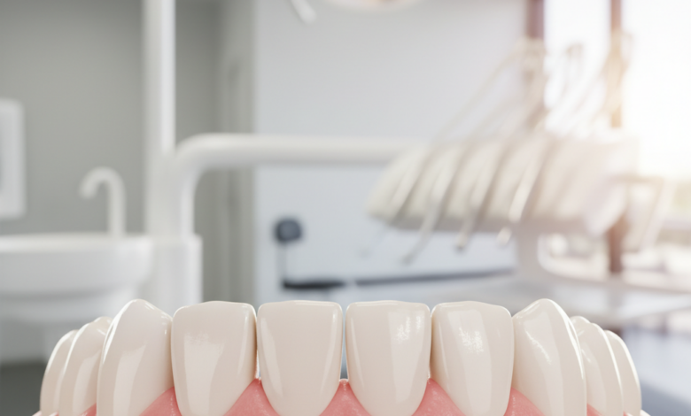 A photorealistic close-up of a vibrant, healthy gum line and clean teeth, indicating successful dental treatment. The background is a soft, out-of-focus view of a modern, bright dental clinic, subtly suggesting a professional Australian healthcare environment.