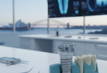 A highly detailed, photorealistic image of a dental implant (titanium screw and abutment) in a sterile, modern dental clinic setting, with a subtly blurred Australian landmark in the distant background.