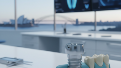 A highly detailed, photorealistic image of a dental implant (titanium screw and abutment) in a sterile, modern dental clinic setting, with a subtly blurred Australian landmark in the distant background.