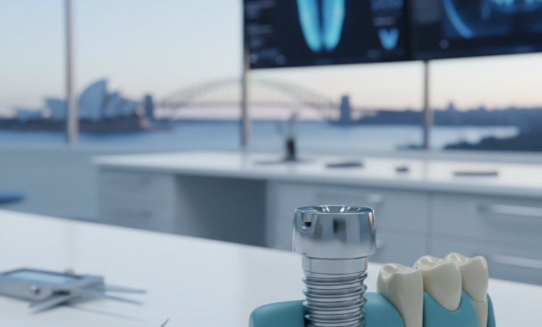 A highly detailed, photorealistic image of a dental implant (titanium screw and abutment) in a sterile, modern dental clinic setting, with a subtly blurred Australian landmark in the distant background.