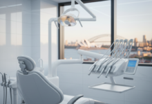 A clean, modern dental office with a high-tech dental chair and instruments in the foreground, blurred with shallow depth of field. In the softly focused background, an iconic Australian city skyline is visible through a large window. No text or logos are present.
