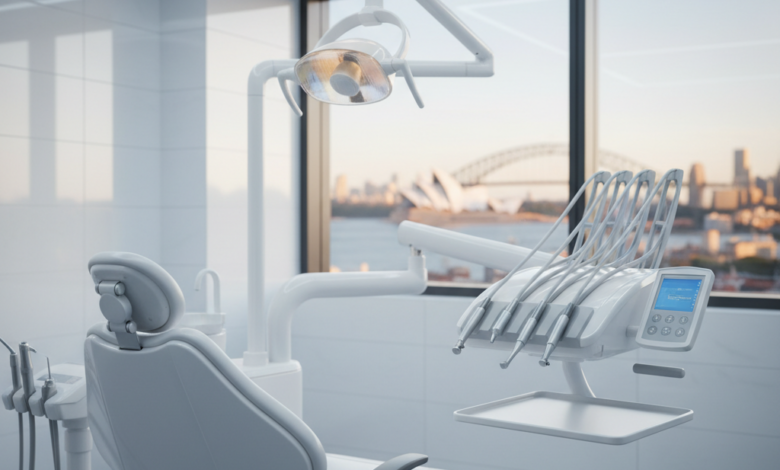 A clean, modern dental office with a high-tech dental chair and instruments in the foreground, blurred with shallow depth of field. In the softly focused background, an iconic Australian city skyline is visible through a large window. No text or logos are present.