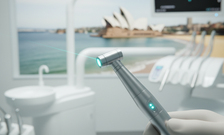 A photorealistic image showing a modern dental laser handpiece with a subtle light beam, held in a clean, high-tech dental clinic environment. The background features a softly blurred, iconic Australian landmark or a distinctive coastal view, subtly suggesting the location. The image emphasizes precision, innovation, and advanced dental technology.
