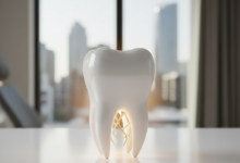 A photorealistic, perfectly white molar tooth, with a subtle golden glow at its roots, sits centrally on a clean surface in a modern dental clinic. The background is a deeply blurred, sun-drenched Australian city skyline seen through a large window. The image conveys precision, value, and health, without any visible text.