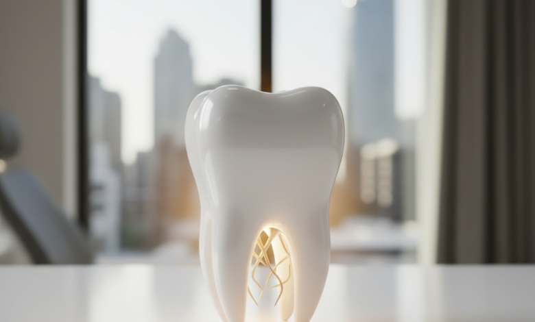A photorealistic, perfectly white molar tooth, with a subtle golden glow at its roots, sits centrally on a clean surface in a modern dental clinic. The background is a deeply blurred, sun-drenched Australian city skyline seen through a large window. The image conveys precision, value, and health, without any visible text.