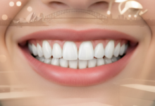 Close-up of a flawless, perfectly aligned, bright white smile, representing a successful dental makeover. The background features a very blurred, indistinct Australian cityscape, suggesting the location of the cosmetic dentistry.