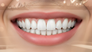 Close-up of a flawless, perfectly aligned, bright white smile, representing a successful dental makeover. The background features a very blurred, indistinct Australian cityscape, suggesting the location of the cosmetic dentistry.