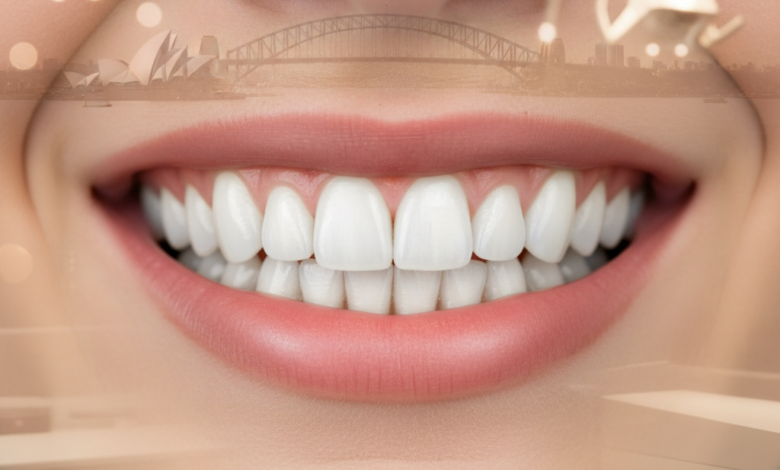 Close-up of a flawless, perfectly aligned, bright white smile, representing a successful dental makeover. The background features a very blurred, indistinct Australian cityscape, suggesting the location of the cosmetic dentistry.