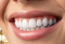 Close-up of a natural, healthy smile with perfectly white, radiant teeth and pink gums. The background is a highly blurred, sunny Australian coastal scene, creating a sense of freshness and beauty.