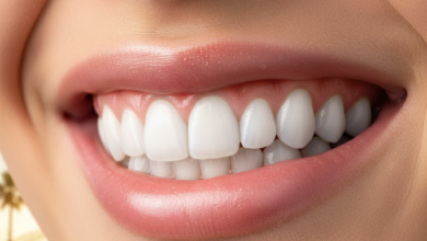 Close-up of a natural, healthy smile with perfectly white, radiant teeth and pink gums. The background is a highly blurred, sunny Australian coastal scene, creating a sense of freshness and beauty.