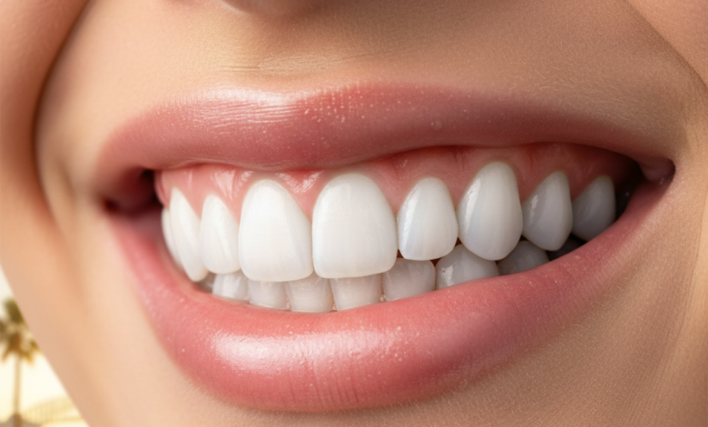 Close-up of a natural, healthy smile with perfectly white, radiant teeth and pink gums. The background is a highly blurred, sunny Australian coastal scene, creating a sense of freshness and beauty.