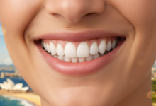 A close-up, photorealistic image of a person's mouth, showcasing perfectly whitened, healthy teeth with a confident, natural smile. The background is softly blurred, subtly hinting at an iconic Australian coastal or city landscape in the distance.