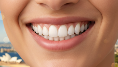 A close-up, photorealistic image of a person's mouth, showcasing perfectly whitened, healthy teeth with a confident, natural smile. The background is softly blurred, subtly hinting at an iconic Australian coastal or city landscape in the distance.