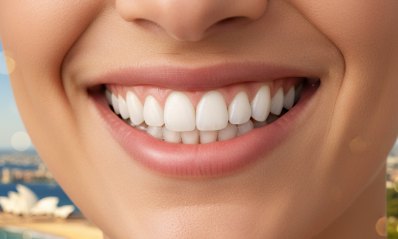 A close-up, photorealistic image of a person's mouth, showcasing perfectly whitened, healthy teeth with a confident, natural smile. The background is softly blurred, subtly hinting at an iconic Australian coastal or city landscape in the distance.