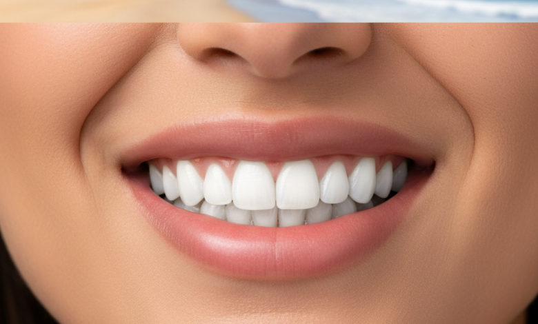 Close-up of a person's mouth showing a dazzling, perfect smile with bright white, natural-looking teeth, indicating the successful outcome of dental veneers. The background is softly blurred with a hint of an Australian coastal scene, emphasizing the location and the topic's focus on smile transformation.