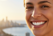 A close-up, photorealistic image of an adult person smiling confidently with bright, perfectly aligned teeth, set against a softly blurred, sun-drenched Australian coastal background, conveying health and happiness.