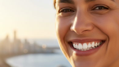 A close-up, photorealistic image of an adult person smiling confidently with bright, perfectly aligned teeth, set against a softly blurred, sun-drenched Australian coastal background, conveying health and happiness.
