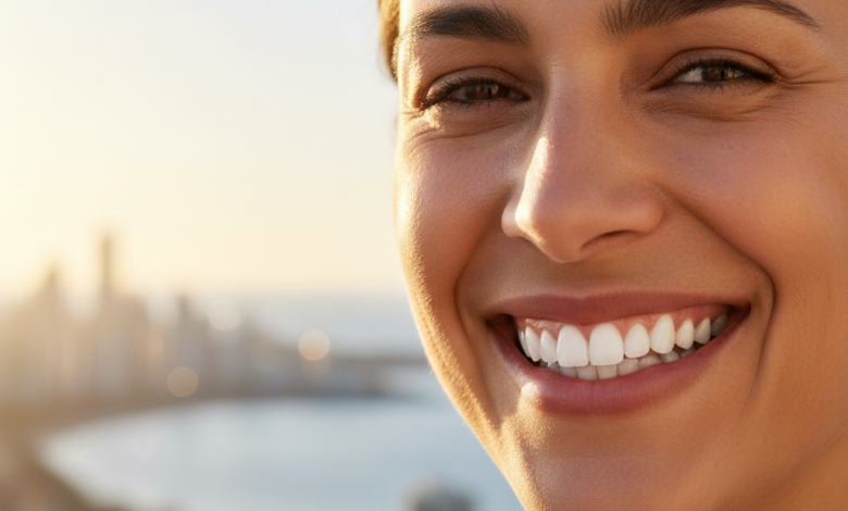 A close-up, photorealistic image of an adult person smiling confidently with bright, perfectly aligned teeth, set against a softly blurred, sun-drenched Australian coastal background, conveying health and happiness.
