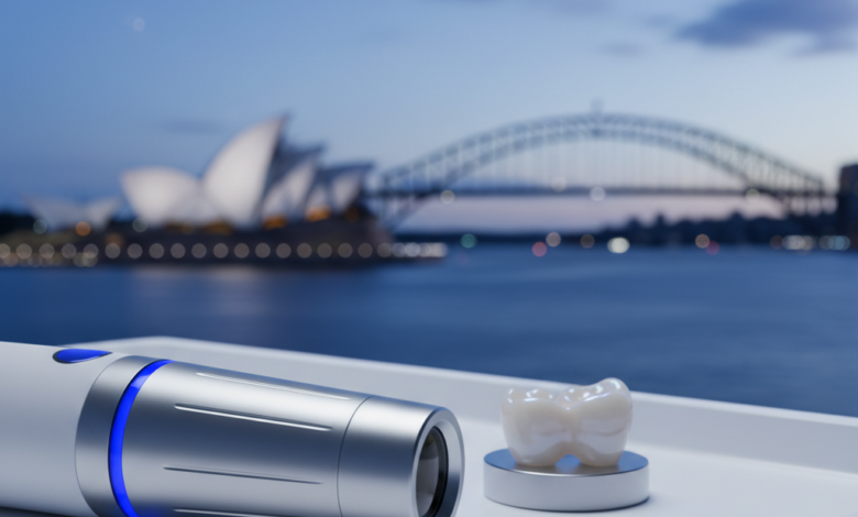 Close-up, detailed shot of a modern, sterile dental instrument or a perfectly crafted ceramic dental crown on a white surface, with a very blurred Australian city skyline or coastline in the background, conveying advanced dental care.