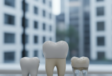 A photorealistic image displaying a detailed human tooth model flanked by two different dental crowns. One crown appears denser and whiter, representing zirconium, while the other is more translucent, representing porcelain. The setting is a clean, modern dental clinic, with blurred, contemporary Australian architecture visible in the background, all bathed in soft, professional lighting.