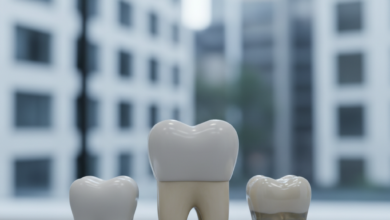 A photorealistic image displaying a detailed human tooth model flanked by two different dental crowns. One crown appears denser and whiter, representing zirconium, while the other is more translucent, representing porcelain. The setting is a clean, modern dental clinic, with blurred, contemporary Australian architecture visible in the background, all bathed in soft, professional lighting.