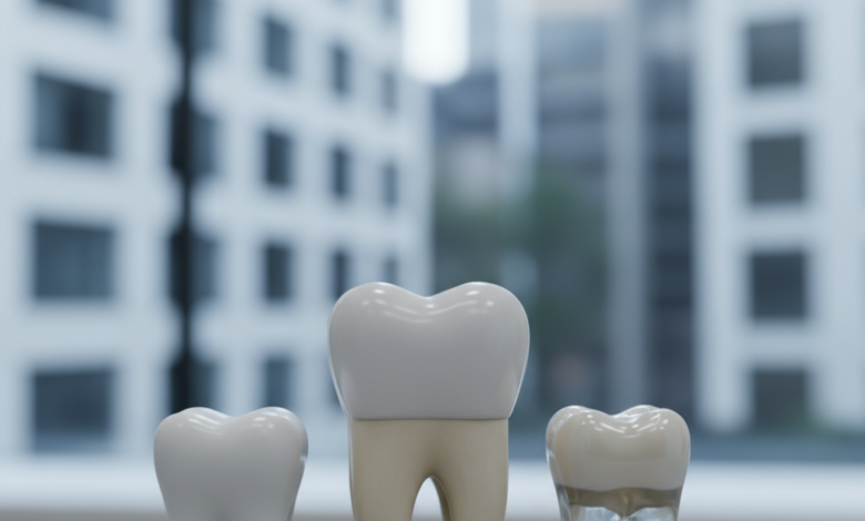 A photorealistic image displaying a detailed human tooth model flanked by two different dental crowns. One crown appears denser and whiter, representing zirconium, while the other is more translucent, representing porcelain. The setting is a clean, modern dental clinic, with blurred, contemporary Australian architecture visible in the background, all bathed in soft, professional lighting.
