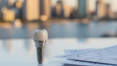 A photorealistic image showing a detailed dental implant model next to blurred insurance documents, set against a softly focused Australian city skyline in warm sunlight.