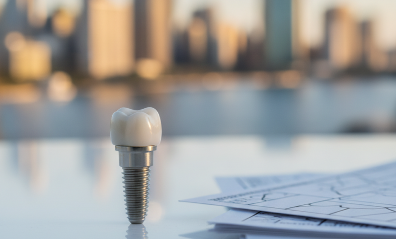 A photorealistic image showing a detailed dental implant model next to blurred insurance documents, set against a softly focused Australian city skyline in warm sunlight.