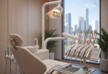 A photorealistic image of a comfortable, modern dental chair in a clean, professional treatment room. Generic advanced dental tools are on a nearby tray. Through a soft-focus window, a blurred silhouette of an Australian cityscape is visible, symbolizing cutting-edge, patient-friendly dental care.