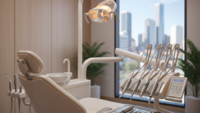 A photorealistic image of a comfortable, modern dental chair in a clean, professional treatment room. Generic advanced dental tools are on a nearby tray. Through a soft-focus window, a blurred silhouette of an Australian cityscape is visible, symbolizing cutting-edge, patient-friendly dental care.