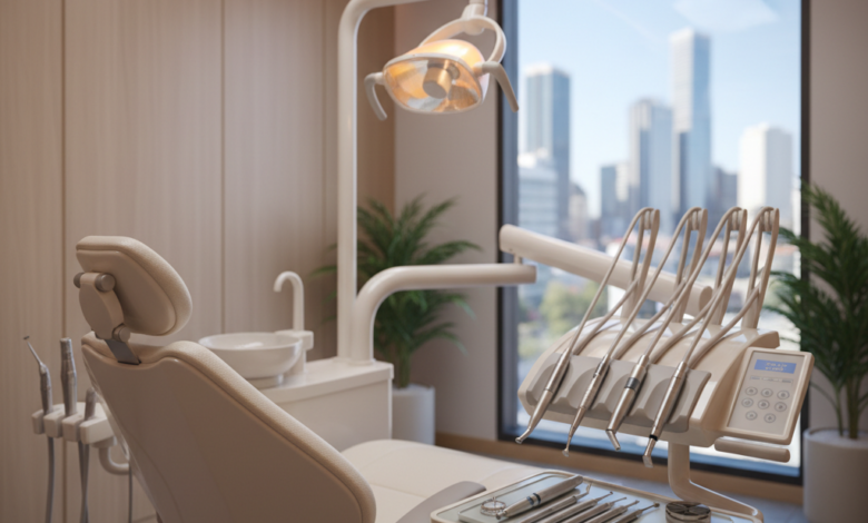 A photorealistic image of a comfortable, modern dental chair in a clean, professional treatment room. Generic advanced dental tools are on a nearby tray. Through a soft-focus window, a blurred silhouette of an Australian cityscape is visible, symbolizing cutting-edge, patient-friendly dental care.